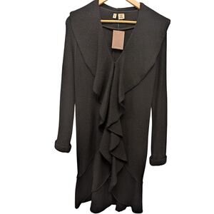 Moth Anthropologie Pure Merino Wool Ruffled Long Cardigan Sweater Black XS Twill